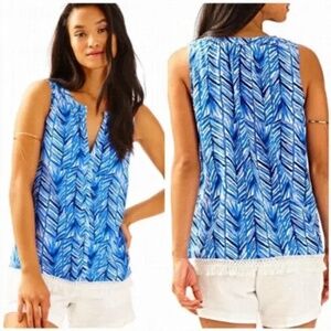 Lilly Pulitzer Kipper Blue Print Tank, White Fringe 100% Cotton Tank - Size S